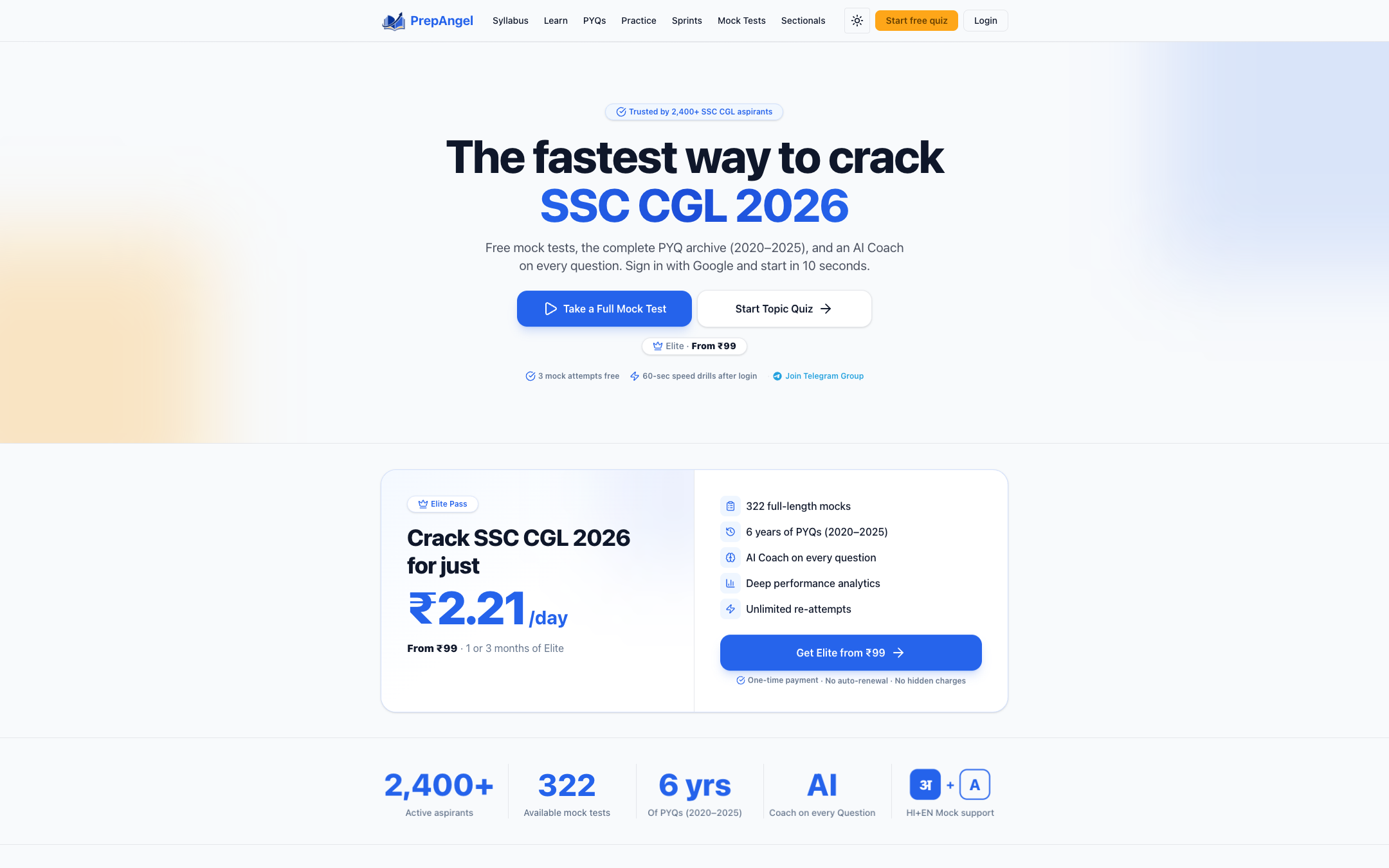 PrepAngel homepage showing the AI coach and the aspirant count